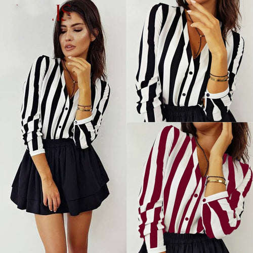 Womens Shorts Striped Printed Long Sleeve Shirts 2019 Hot Selling V Neck Female Spring Autumn Fashion Street Casual Clothes New