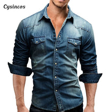 Load image into Gallery viewer, CYSINCOS Denim Shirt Men Cotton Jeans Shirt Fashion Autumn Slim Long Sleeve Cowboy Shirt Stylish Wash Slim  Tops Asian Size 3XL