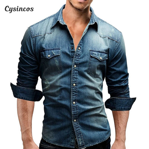 CYSINCOS Denim Shirt Men Cotton Jeans Shirt Fashion Autumn Slim Long Sleeve Cowboy Shirt Stylish Wash Slim  Tops Asian Size 3XL