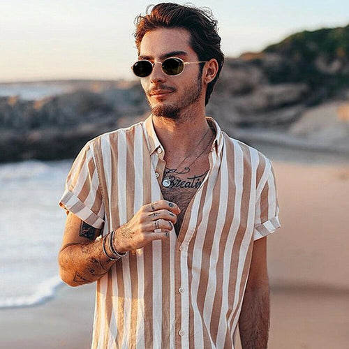 Hot Men Holiday Short Sleeve Shirt Tops Hawaiian Beach Summer Striped Button Turn-down Collar Casual Shirt