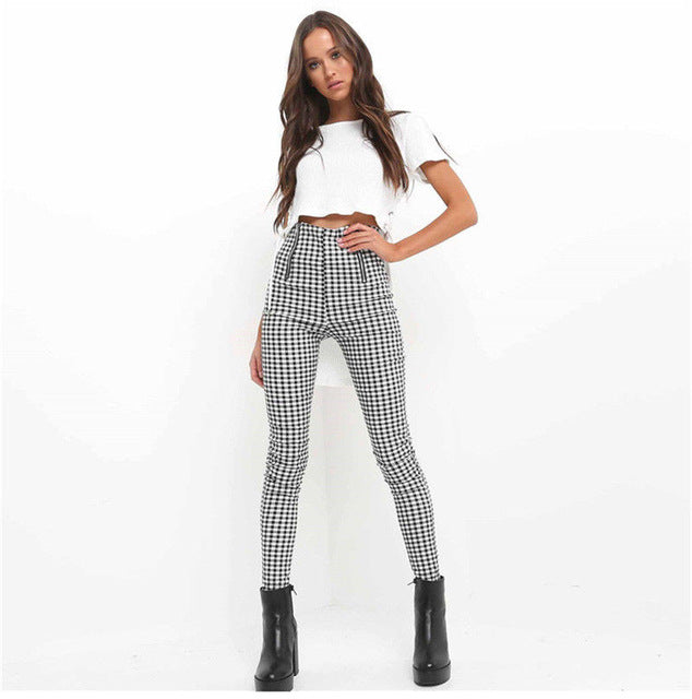 2019 Hot Sale Fashion Women's Pants High Waist Elastic Zipper Striped Plaid Casual Trousers