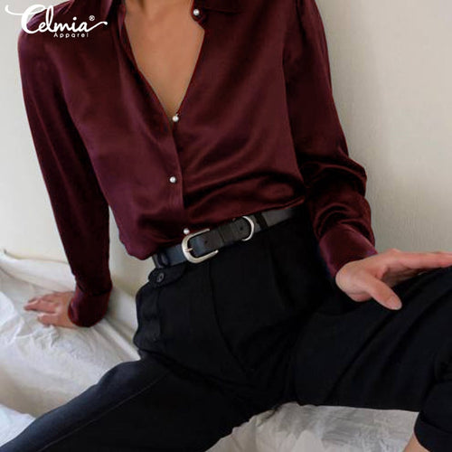Celmia 2019 Autumn Women Fashion Long Sleeves Satin Blouse Vintage Button Down Lapel Neck Street Shirts Elegant OL Silk Tops 5XL