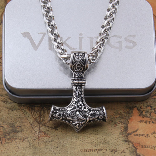 dropshipping 1pcs thor's hammer mjolnir pendant necklace viking scandinavian norse viking necklace with stainless steel chain