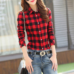 2019 New Cotton Checkered Plaid Blouses Shirt Cage Female Long Sleeve Casual Slim Women Plus Size Shirt Office Lady Tops Red