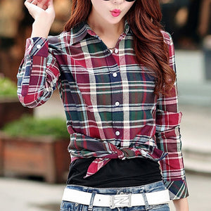 2019 New Cotton Checkered Plaid Blouses Shirt Cage Female Long Sleeve Casual Slim Women Plus Size Shirt Office Lady Tops Red