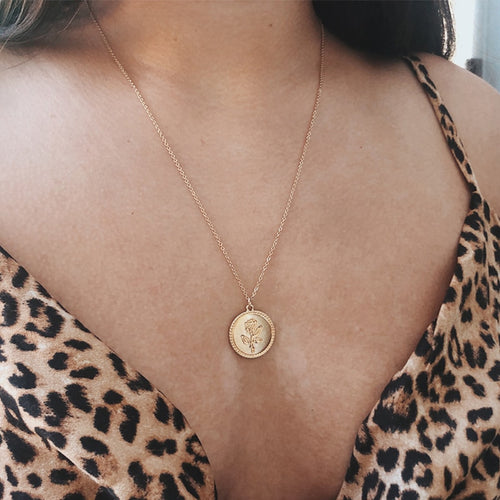 Fashion Rose Flower Charm Pendant Necklaces For Women Gift Vintage Coin Gold Color Chains Necklace Statement Jewelry Wholesale