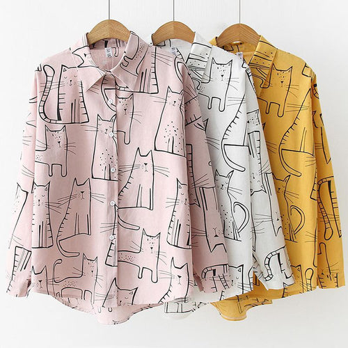 Cotton Cute Cat Print Loose Casual Ladies Blosues Tops Women Turn Down Collar Long Sleeve Shirt Blouse Shirt Blusa 2019 Fashion