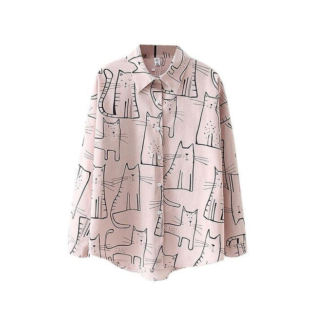 Cotton Cute Cat Print Loose Casual Ladies Blosues Tops Women Turn Down Collar Long Sleeve Shirt Blouse Shirt Blusa 2019 Fashion