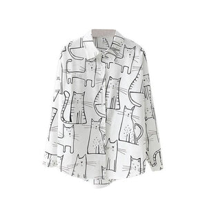 Cotton Cute Cat Print Loose Casual Ladies Blosues Tops Women Turn Down Collar Long Sleeve Shirt Blouse Shirt Blusa 2019 Fashion