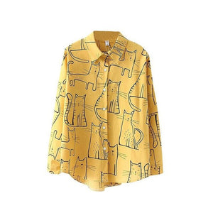 Cotton Cute Cat Print Loose Casual Ladies Blosues Tops Women Turn Down Collar Long Sleeve Shirt Blouse Shirt Blusa 2019 Fashion