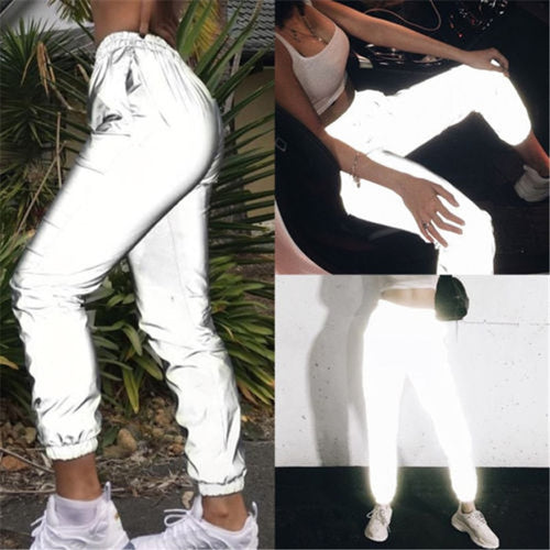 Women Casual Harem Sweatpants Reflective Pants Loose Streetwear Hip Hop Dance Party Night Club Trousers Pantalon W3