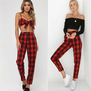 2019 Hot Sale Fashion Women's Pants High Waist Elastic Zipper Striped Plaid Casual Trousers