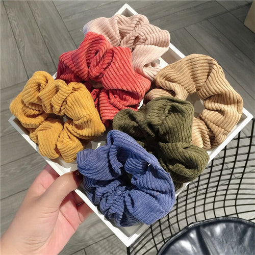 6 Colors Women Warm Corduroy Big Hair Scrunchies Solid Soft Vintage Hair Gums Striped Fabric Rubber Bands For Hair Bun