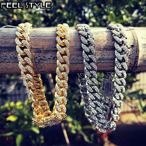 Iced Out Paved Rhinestones 1Set 13MM Gold Silver Full Miami Curb Cuban Chain CZ Bling Rapper Necklaces For Men Hip Hop Jewelry