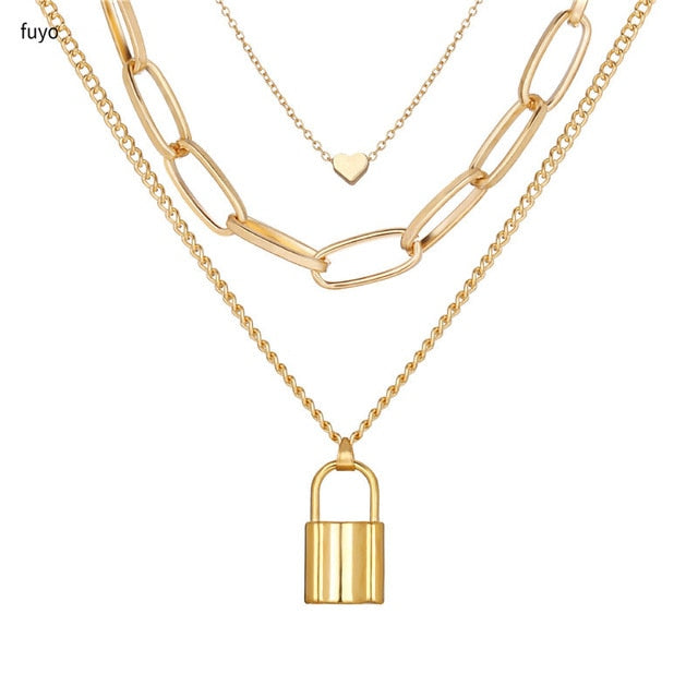 Punk Stainless Steel Silver Color Lock Pendant Necklaces New link Chain lock Necklaces collar Femme Women Gothic Jewelry