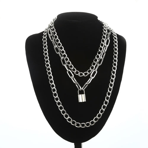 Layered punk chain necklace lock pendant necklace women men choker metal padlock chains goth jewelry costume accessory