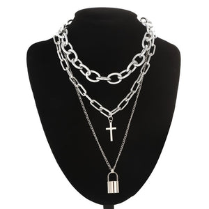 Layered punk chain necklace lock pendant necklace women men choker metal padlock chains goth jewelry costume accessory