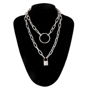 Layered punk chain necklace lock pendant necklace women men choker metal padlock chains goth jewelry costume accessory