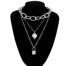 Load image into Gallery viewer, Layered punk chain necklace lock pendant necklace women men choker metal padlock chains goth jewelry costume accessory