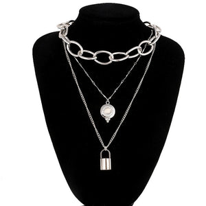 Layered punk chain necklace lock pendant necklace women men choker metal padlock chains goth jewelry costume accessory