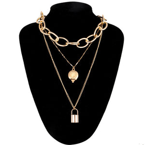 Layered punk chain necklace lock pendant necklace women men choker metal padlock chains goth jewelry costume accessory