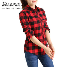 Load image into Gallery viewer, 2019 New Cotton Checkered Plaid Blouses Shirt Cage Female Long Sleeve Casual Slim Women Plus Size Shirt Office Lady Tops Red